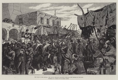 La guerre au Soudan, la brigade navale défilant à travers le bazar de Souakim - Melton Prior